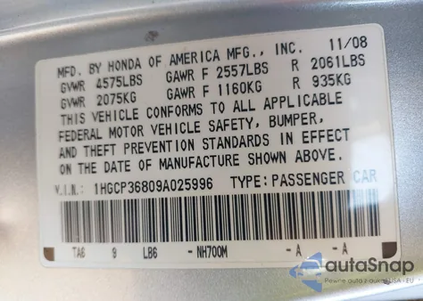 2009 Honda Accord 3.5 Ex-L z USA, uszkodzony, nr VIN 1HGCP36809A025996